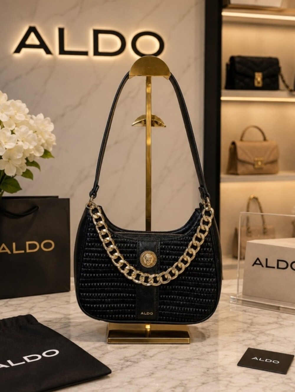 ALDO Black Quilted Chain-Accent Shoulder Bag